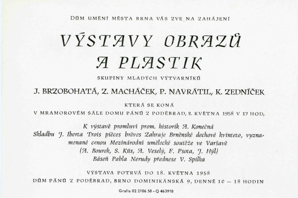 Výstava obrazů, plastik. Jaroslava Brzobohatá, Zdeněk Macháček, Pavel Navrátil, Karel Zedníček